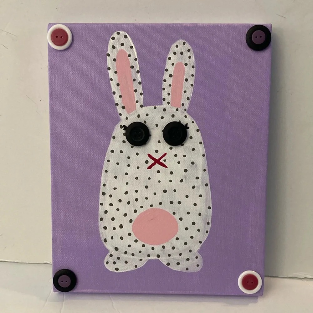 Bunny rabbit button Art NEW quirky acrylic painting white polka dot rabbit 8x10
